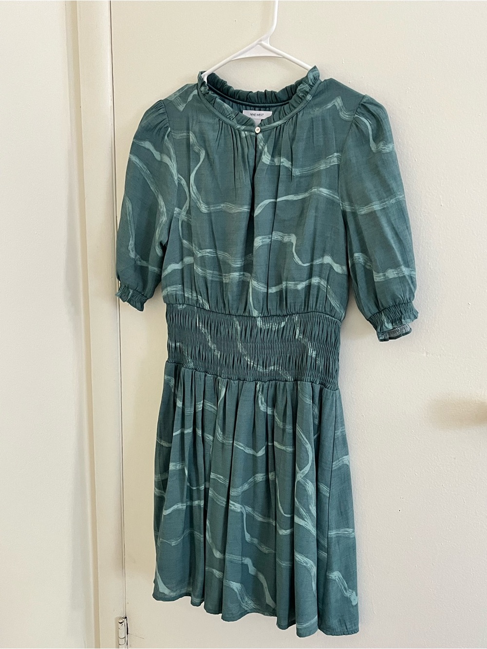 Nine West Small Turquoise 3/4 Sleeve Mini Dress Button Neck
